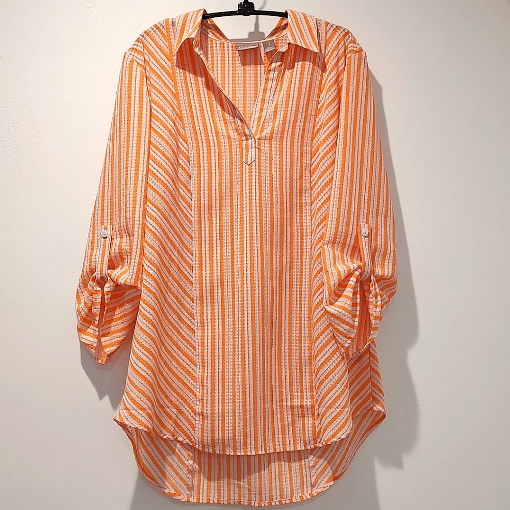 Chico's Tunic Top Orange Stripe V-Neck 3/4 Sleeve M